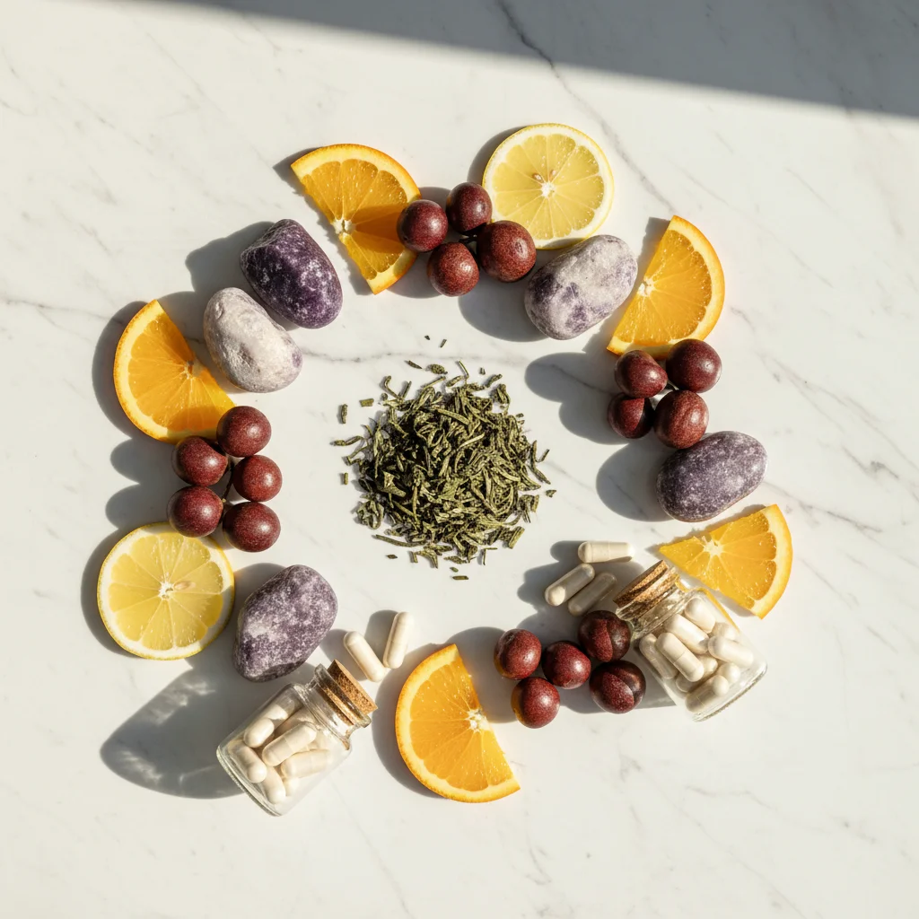 Groene thee bladeren, guarana bessen, magnesium mineralen, citrusschijfjes en zink capsules op wit marmer