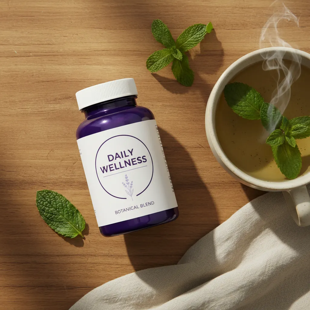 Ozalyn supplement fles naast een kopje groene thee en verse munt
